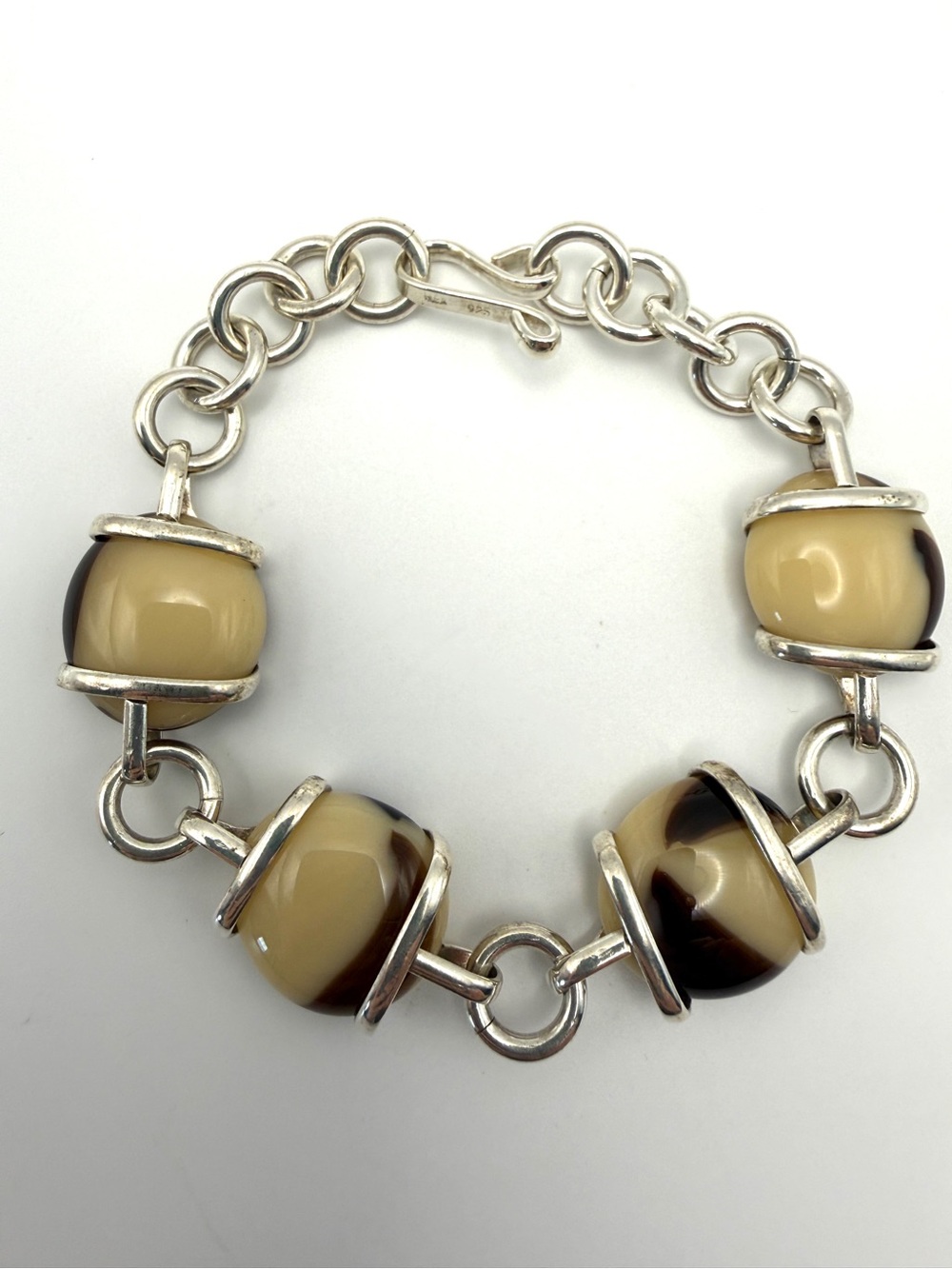 925 Sterling Silver Bracelet with Brown / Cream Glass Mexico